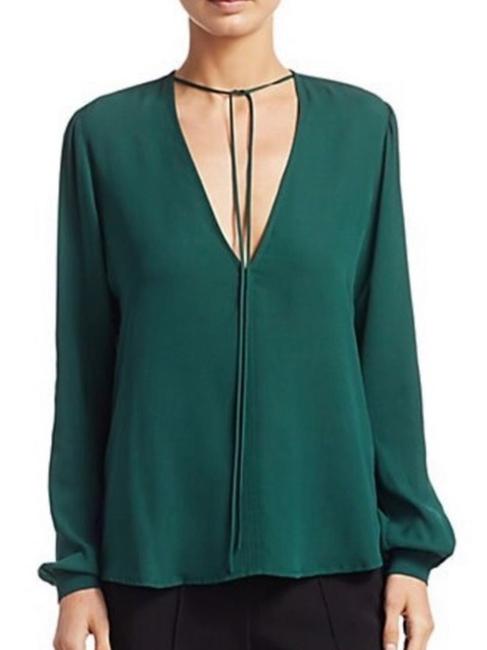 A.L.C. Kirk Silk V-Neck Pine 100% Silk Split Neck Blouse 8